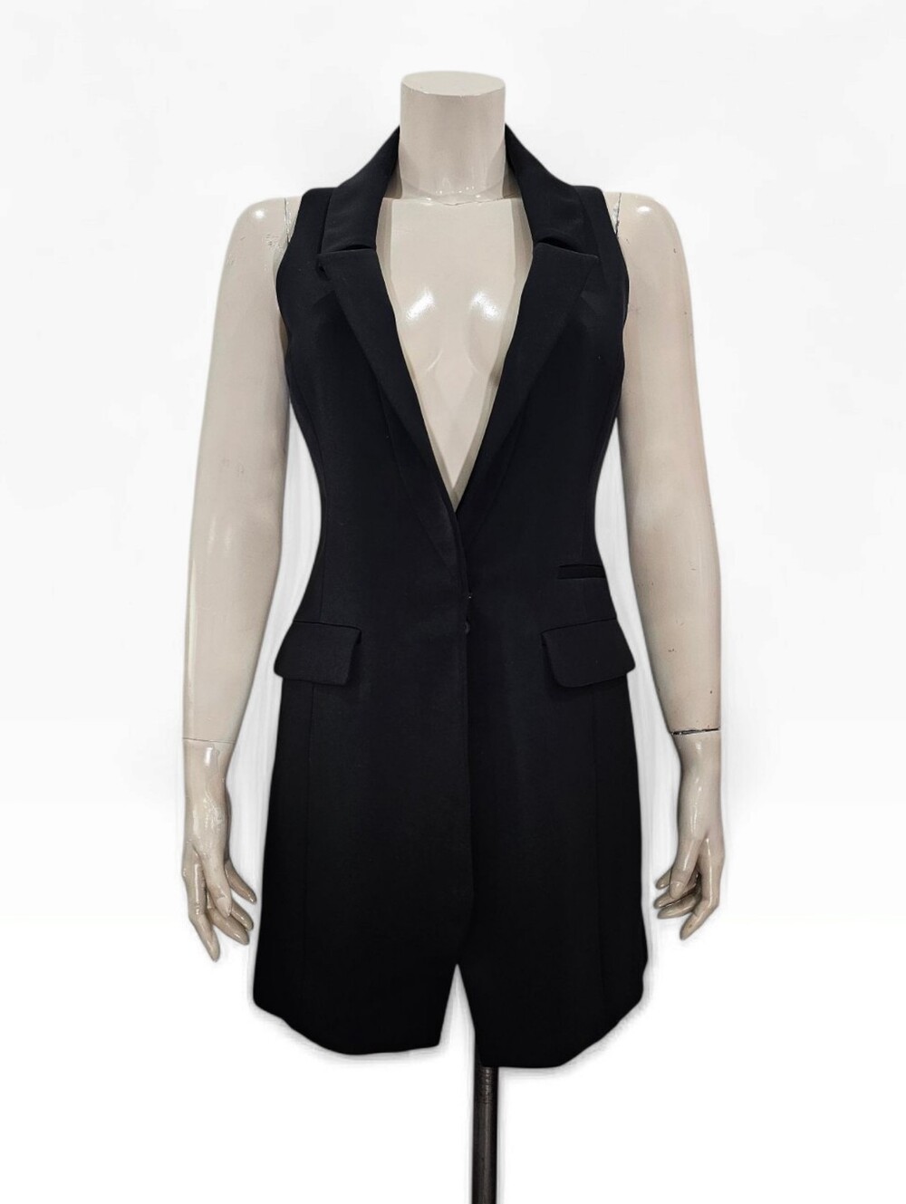 KORA RAE Black Sleeveless Deep V-Neck Tuxedo Blazer Vest or Mini Dress 4